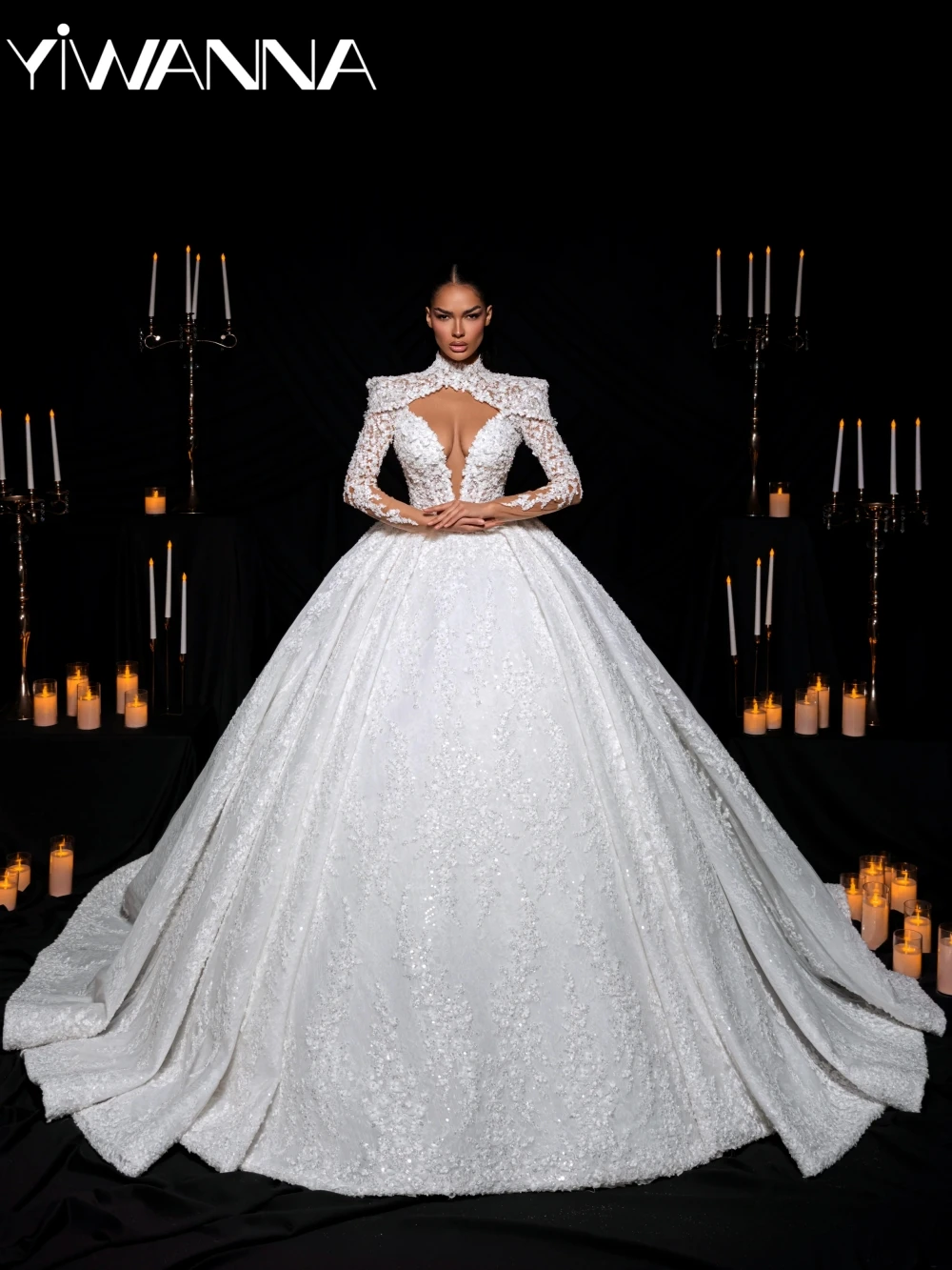 

New Shimmering Beaded Lace High Collar Wedding Dress Dreamy Long Sleeve Bridal Gown Customized Exquisite Dresses For Bride