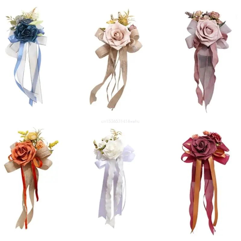 Dropship Set of 4 Luxurious Wedding Vehicle Embellishment Silk Flower Bouquets for Wedding Car Glasses and Handle