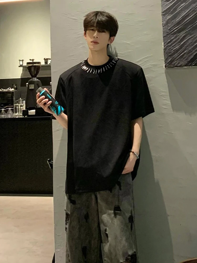 American High Street Padded Shoulder Short Sleeve Men's Summer Trendy Metal Decoration Handsome Shoulder T-shirt Design Sense...