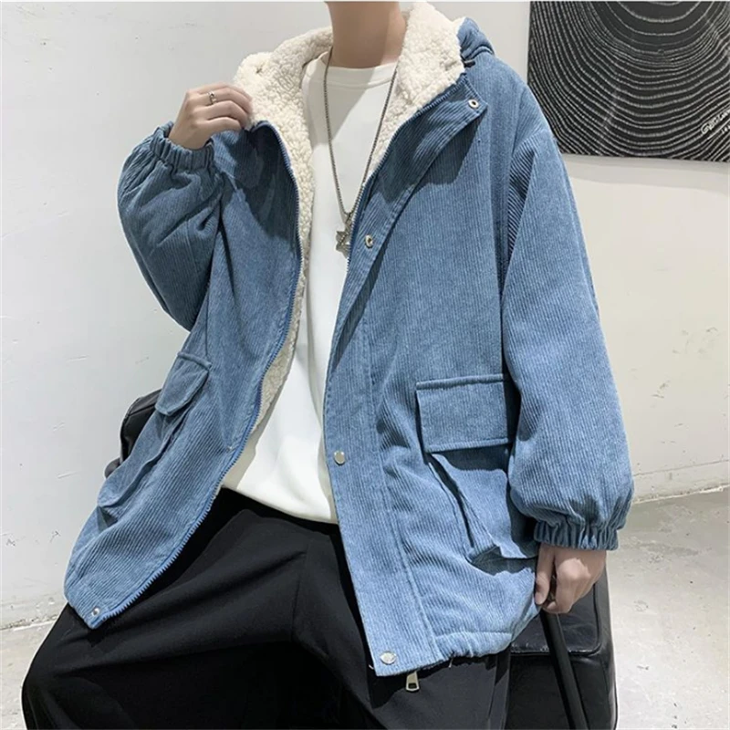 Men's Thicken Cotton Corduroy Coats Casual Street Style Solid Color Loose Hooded Coat Winter Hoodie Man