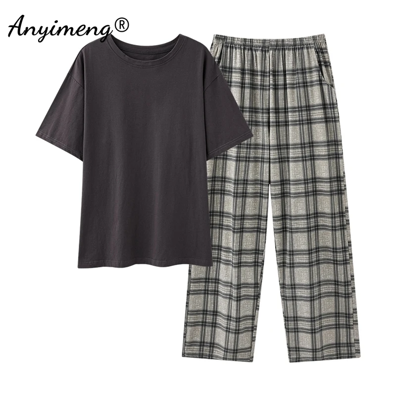 Spring Autumn Men Pajama Sets Short Sleeves Long Pants Coffee Pajamas Big Size L-3XL Pijamas O-neck Sleepwear Soft Loungewear