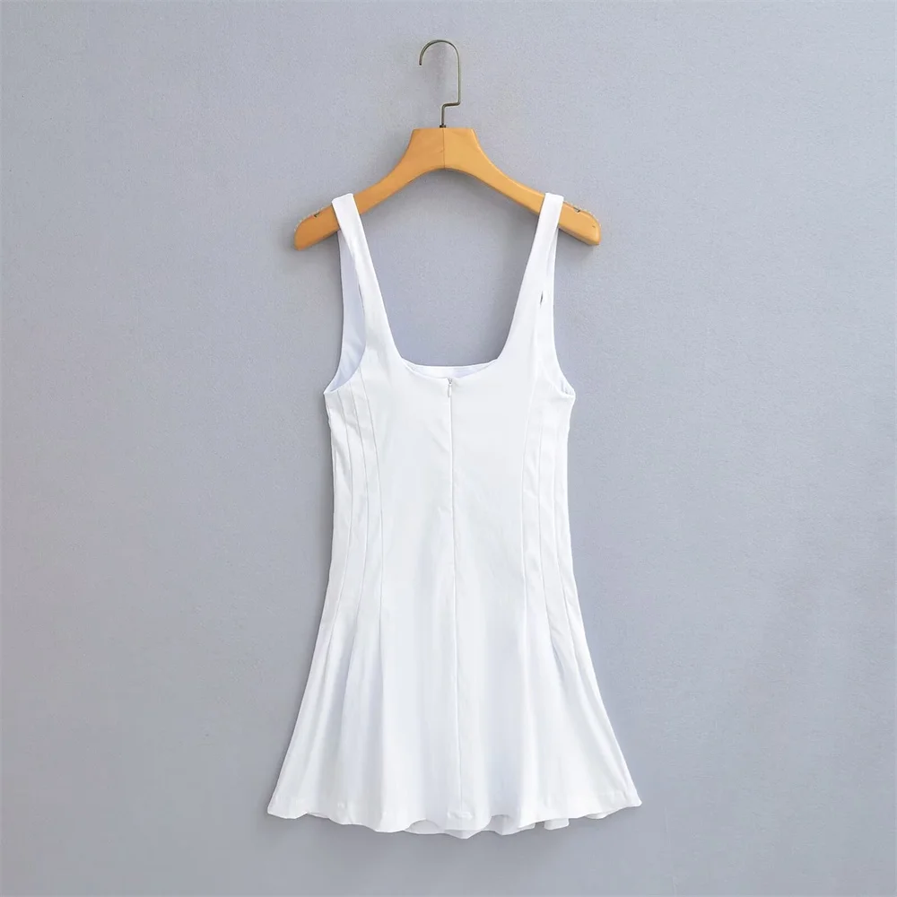 فستان نسائي أبيض واسع مطوي ، رقبة مربعة ، فستان قصير ، طراز أوربي وأمريكي ، موضة جديدة ، الصيف ، ZA ، 2024ZAR4