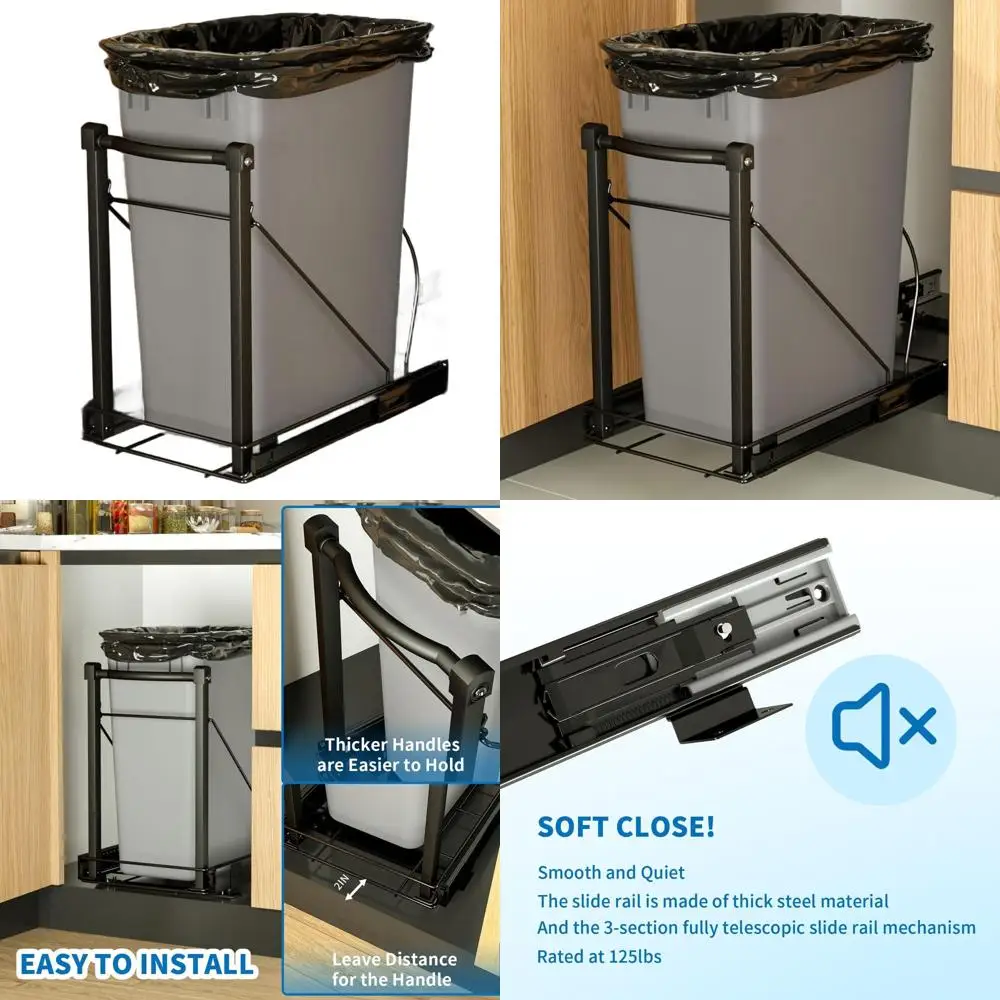 

Сверхмощный выдвижной органайзер для мусора, мягкое закрытие, подходит для 7–13 галлонов, вместимость 125 фунтов, черная сталь