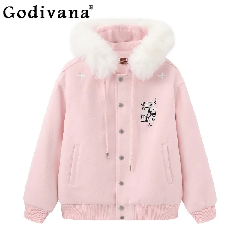 سترات مطرزة غير رسمية متعددة الاستخدامات للنساء على الطراز الياباني معطف صوف مبطن من القطيفة سترات نسائية وردية فضفاضة عالية الشارع #6