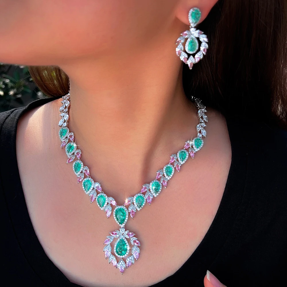 ThreeGraces Luxury Shiny Pink and Green Ice Crack Design Zirconia Bridal Wedding Party Water Drop Jewelry Set for Women T1072