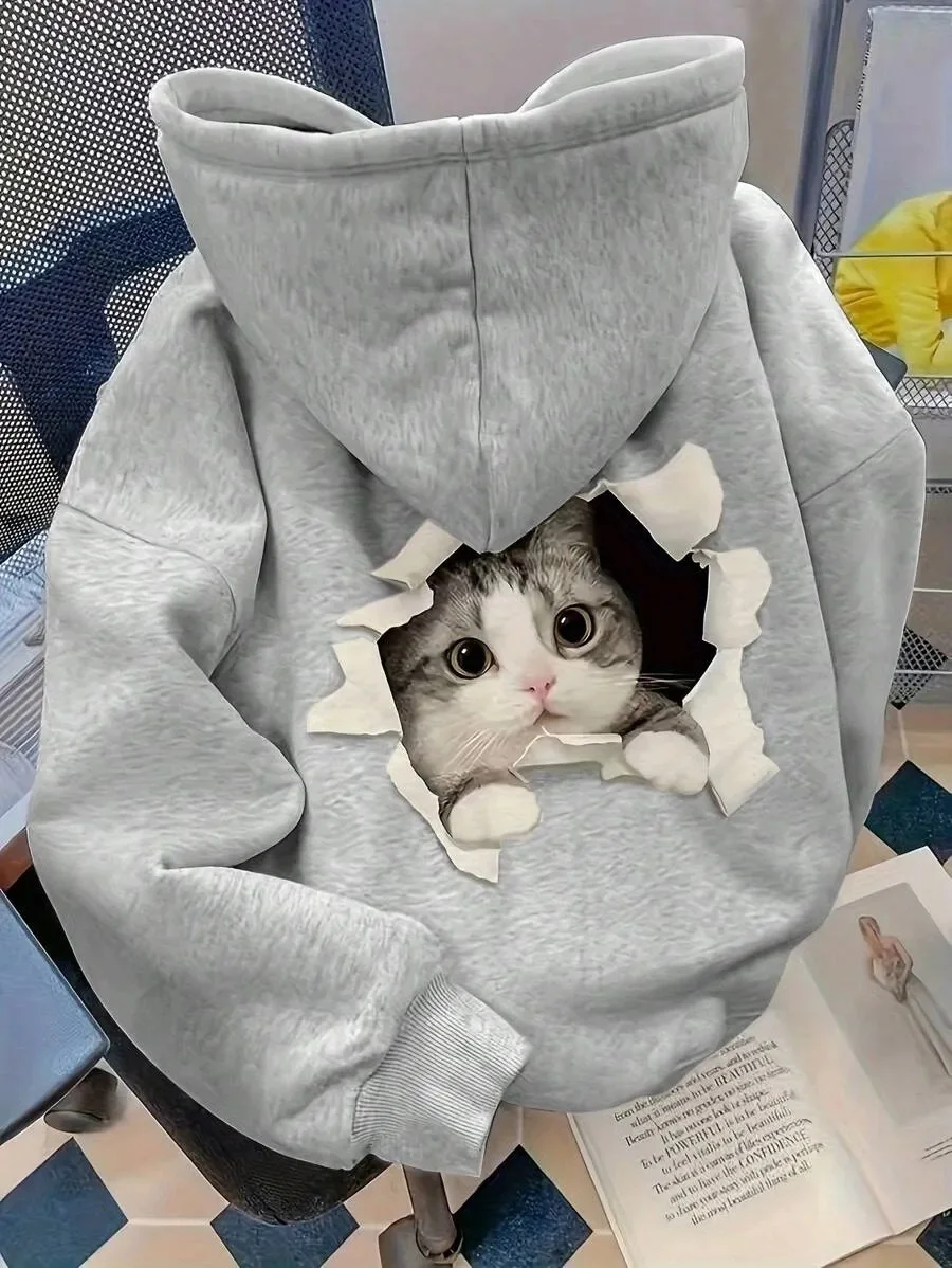 

Cute Cat Peeking Through Hole Print Pure Cotton Hoodie Adorable Design Cat Lovers' Daily Wear Perfect for Cat - Centric Fashion
