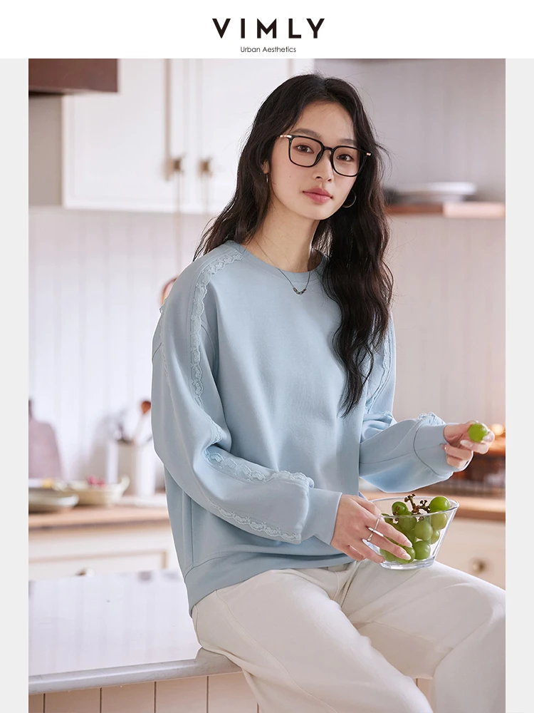 VIMLY Women's Sweatshirt 2025 Spring Autumn Casual Blue Lace Loose Pullover Cotton Blend Long Sleeve Top Female Clothes A0656