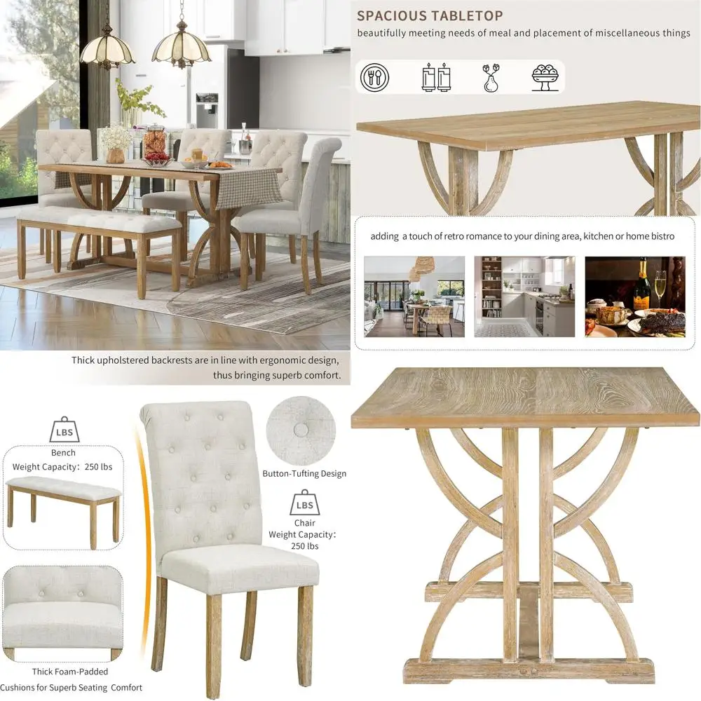 

6-Piece Dining Table Set with 4 Upholstered Chairs & Bench, Wood Recular Table with Unique Legs, Retro Kitchen Table and Chair S