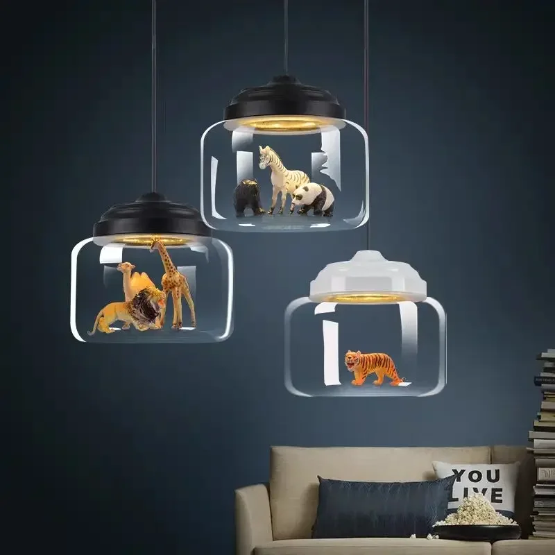 Modern Cartoon Animals Led Pendant Lamps Glass Hanging Lighting for Restaurant Children Room Living Bedroom Indoor Decor Fixture