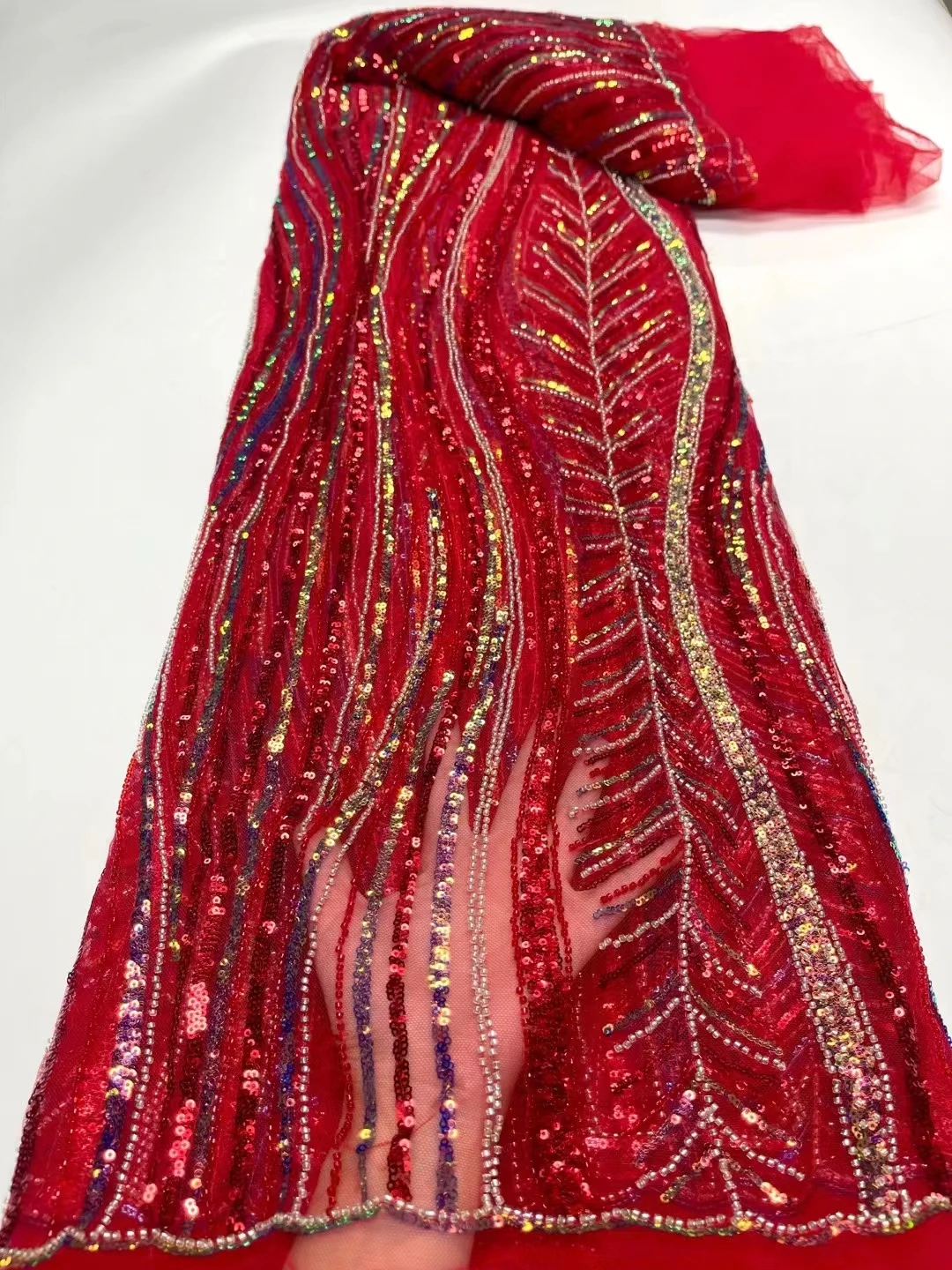

Nigerian French Sequins Lace Fabric Hot Sale Handmade Embroidered African Beaded Net Mesh Lace Fabric For Women Dress JY