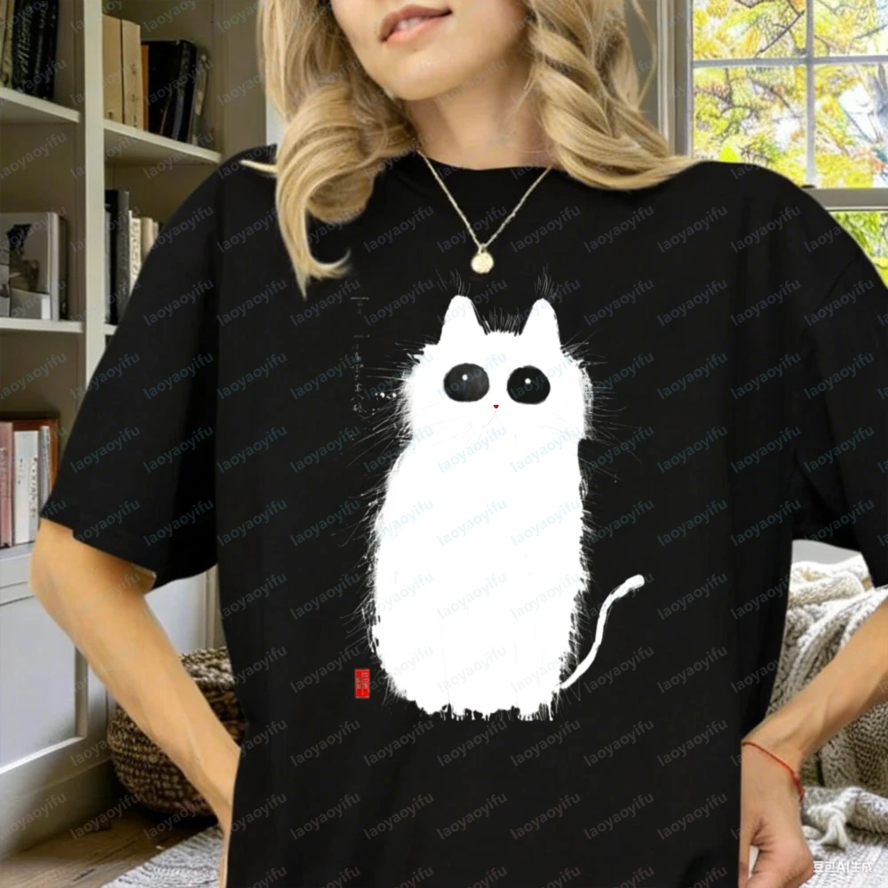 Fluffy Black Cat T-Shirt Matsumoto Hoji Style Ink Drawing Ukiyo-e T-Shirt Graphic T Shirts Y2k Top Shirts for Women Women Tshirt