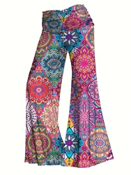Plus Size Wide Leg Pants - Vibrant Colorblock Geometric Print, Ruched High Waist, Comfortable Casual Wear, Flattering Silhouette