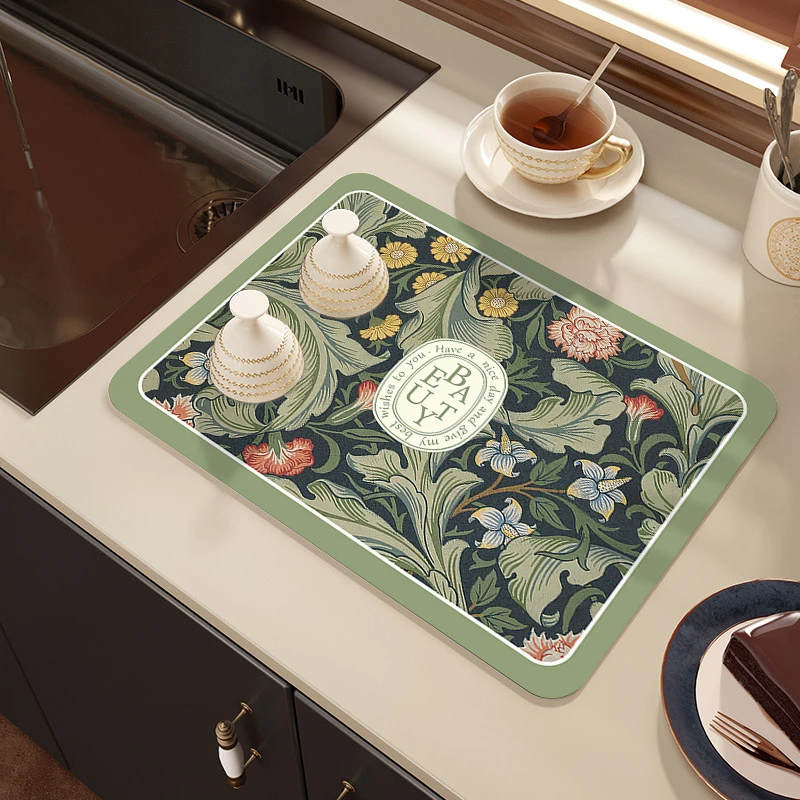 VIKAMA Kitchen Drain Mat Orange Floral Vintage Gold Trim Kitchen Counter Mat Highly Absorbent Fast Drying Anti Skid Flexible