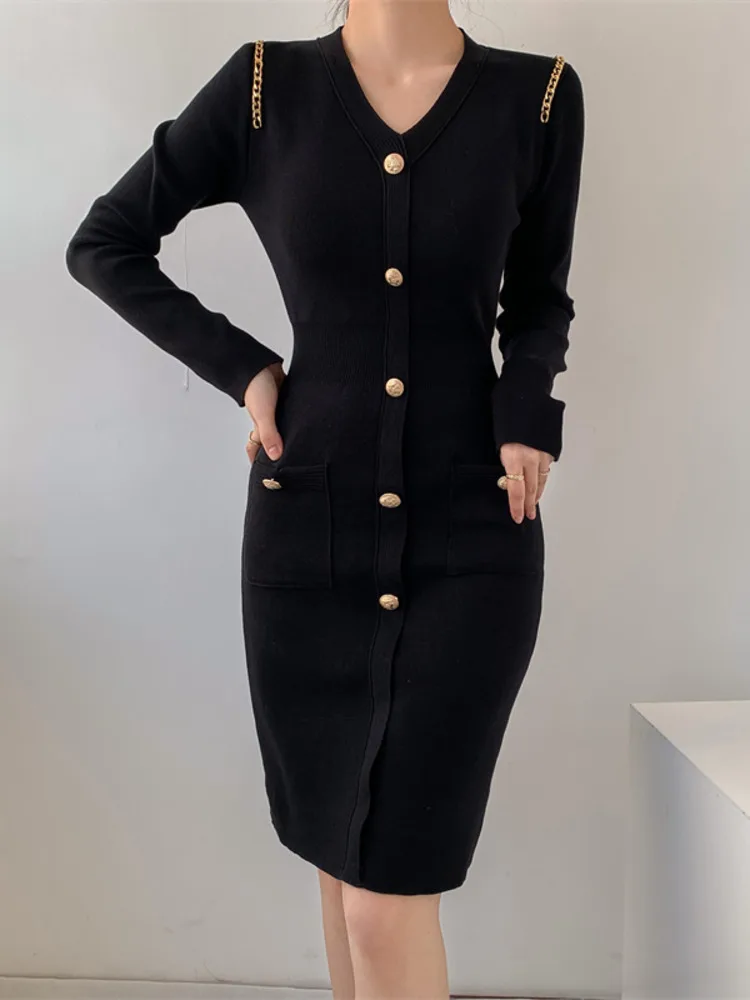 New Autumn Winter Women\'s Knitted Dress Korean Fashion Slim Sexy V-Neck Temperament Black Long Sleeved Sweater Mini Dress