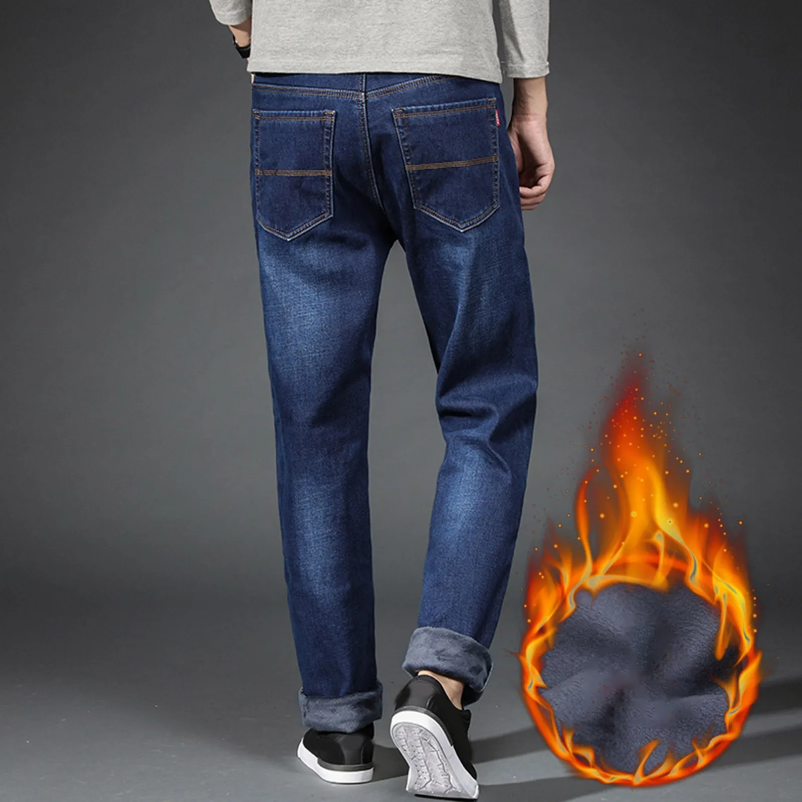 Men Warm Jeans 2024 Autumn Winter New Fashion Casual High Quality Fleece Elastic Straight Thick Trousers Jeans Plus Size