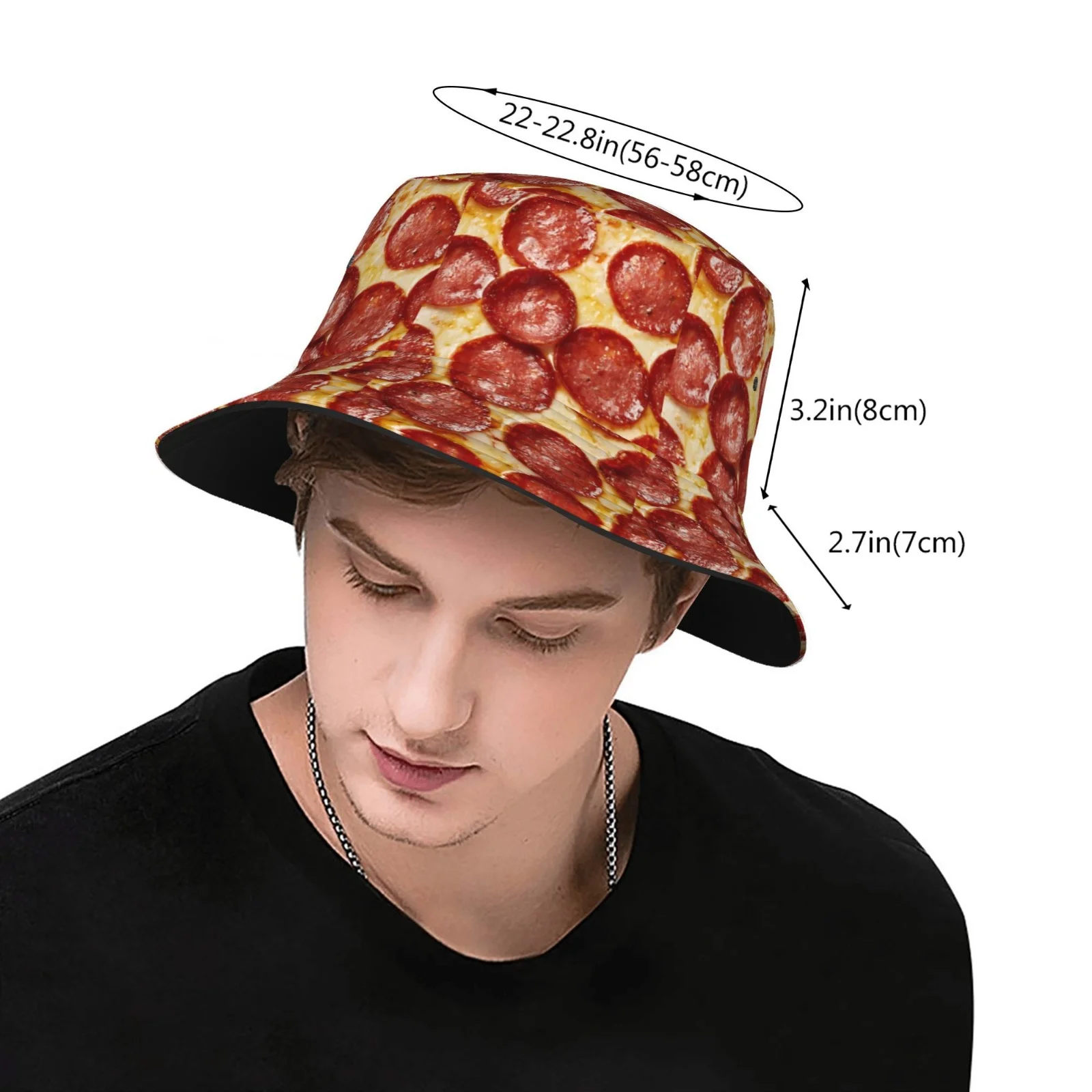 Custom 1pc Rich Italian Spicy Sausage Pizza Fully Printed Fisherman Hat, Unisex Outdoor Sun Hat, Sun Hat, Fashionable Bucket Hat