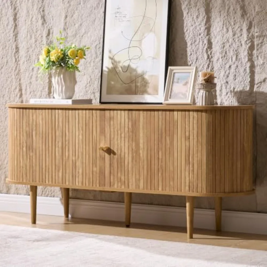 55 Mid-Century Modern Fluted TV Stand with Storage for Living Room, Solid Wood, Walnut Finish, Sleek Vertical Grooves and Conce