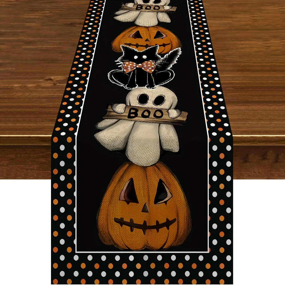 

Halloween Pumpkin Ghost Polka Dot Linen Table Runner Dresser Scarf Table Decor Kitchen Dining Table Runners Halloween Decoration