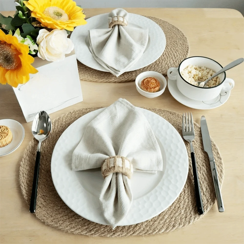 6 Piece Simple Linen Cylinder Napkin Ring Woven White Striped Dinning Towel Ring Rustic Style Napkin Buckle Wedding