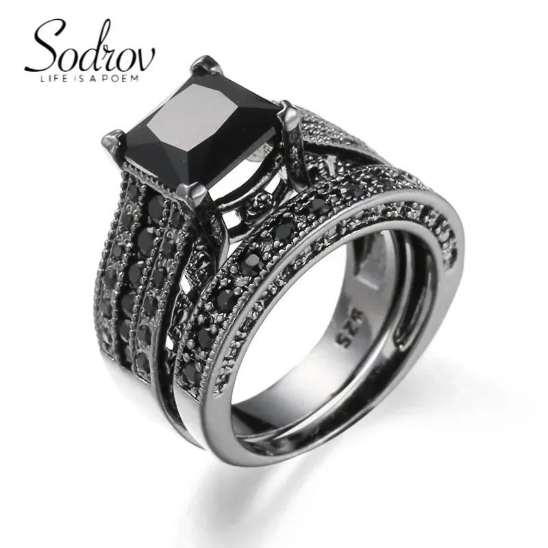 SODROV Vintage Black Gold Plated Black Zircon Jewelry Ring Sets for Women 2pcs Rings