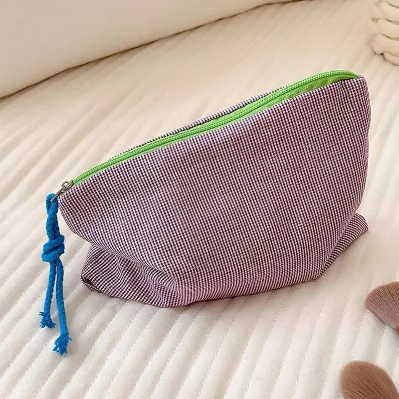 Trousse de maquillage à carreaux avec fermeture éclair, trousse à cosmétiques en coton, sac à main simple pour femmes, sac de rangement portable,