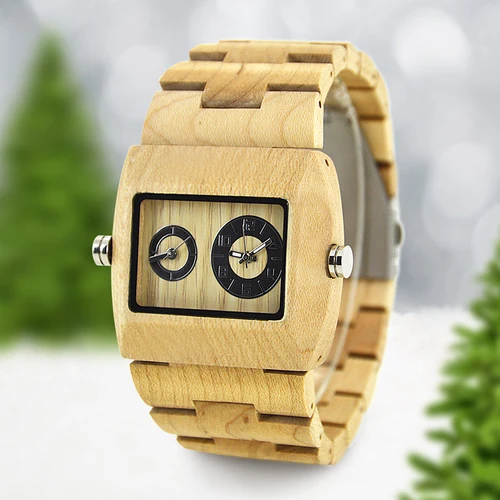 Imagen 2 del producto Relojes de madera con esfera cuadrada para hombres Relojes de madera con pantalla de doble horario