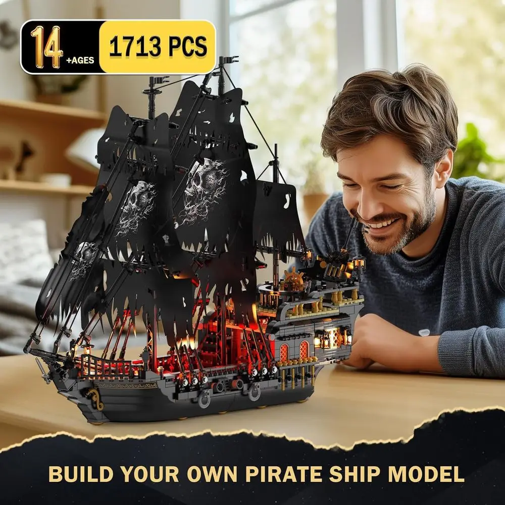 Illuminated Pearl Pirate Ship Model Kit 40002, 1713-Piece Building Toy for Teens & Adults 14+, Ideal for Home or Office Decor
