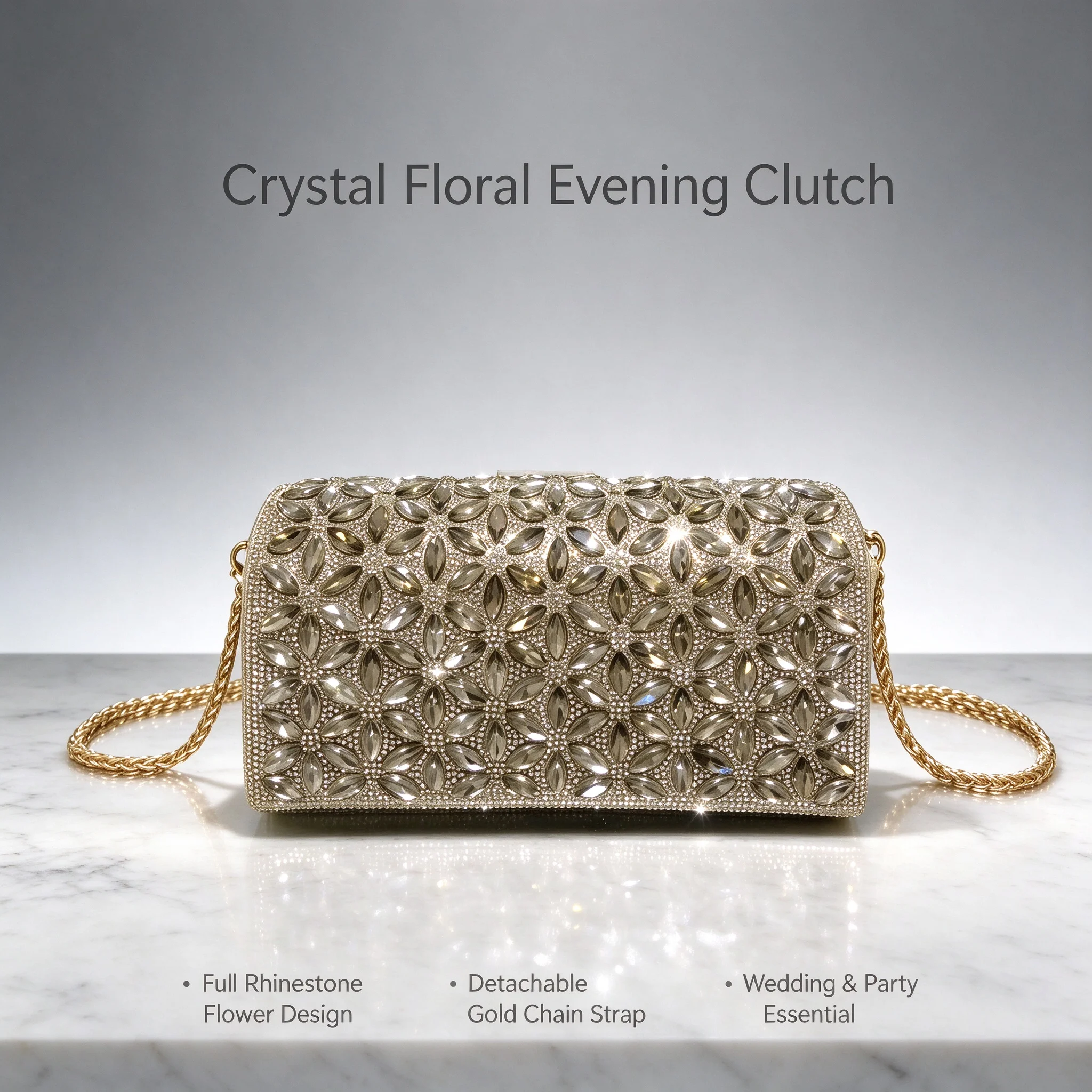 Women Rhinestone Crystal Evening Clutch Bag, Gold Floral Sequin Party Handbag with Detachable Chain Strap, Wedding Bridal Purse