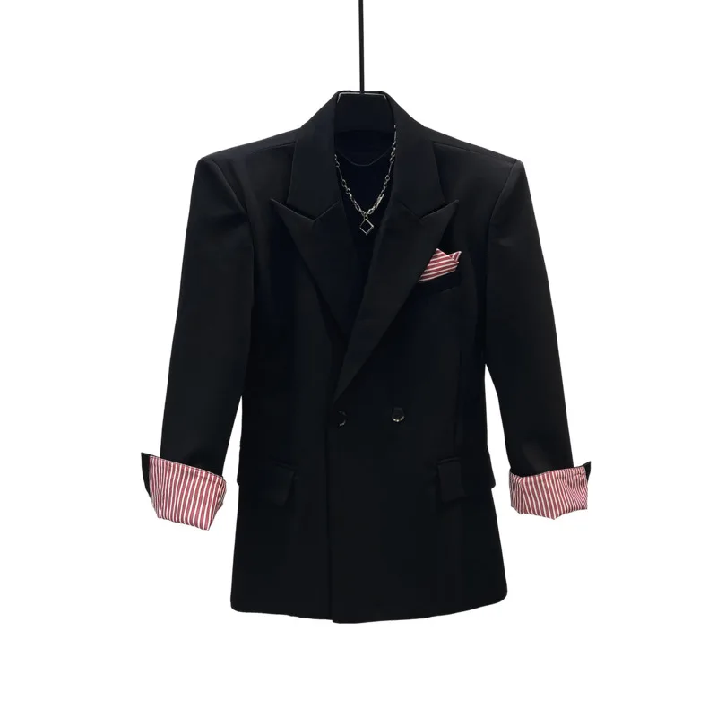 WVGA Autumn New Men Elegant Double-breasted Blazer Korean Style Niche Chic Casual Shoulder Pads Waist Cinching Coats Ins W27507