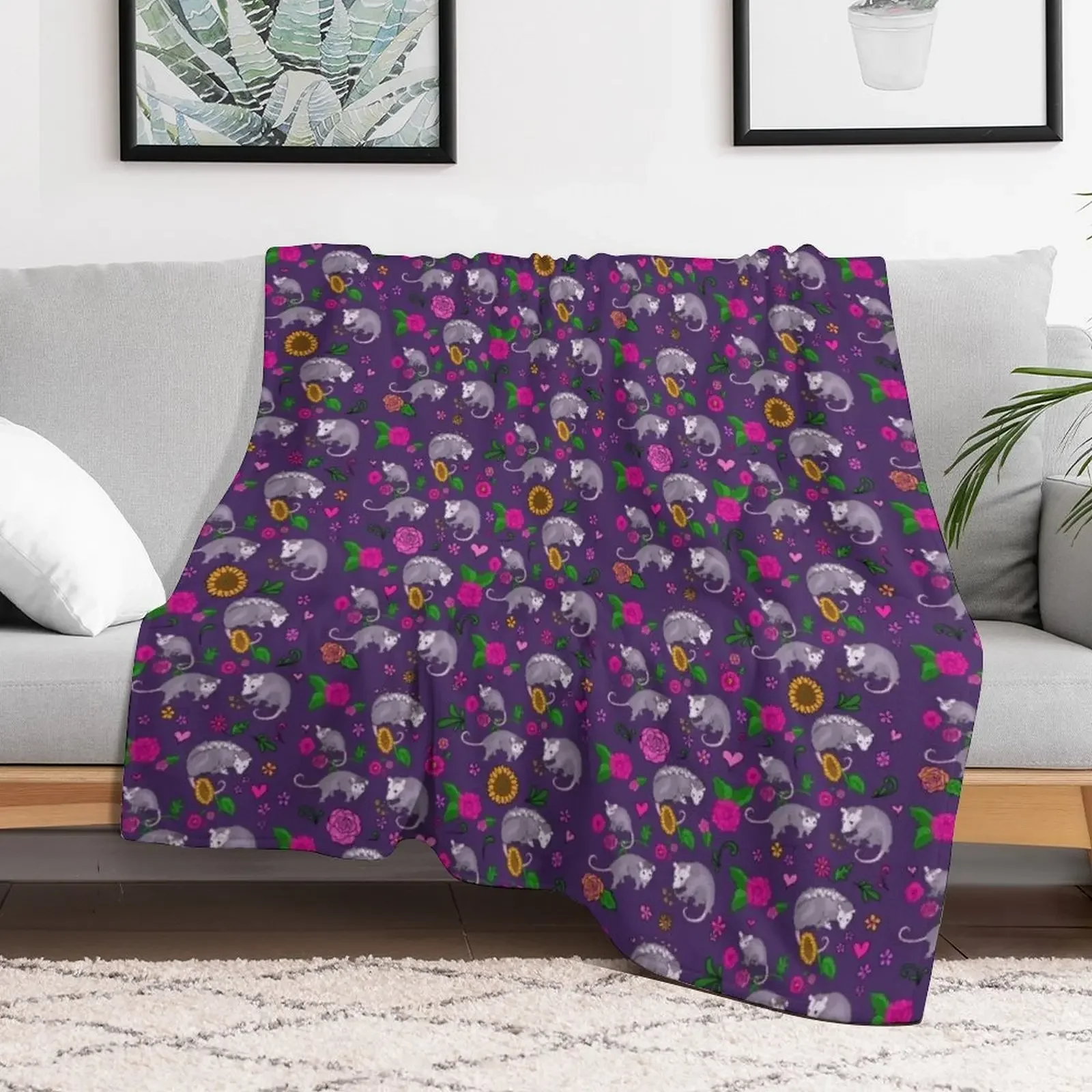 Trash Royalty in Dark Purple Floral Possum Print Animals with Flowers Throw Blanket Camping Decorative Throw Blankets