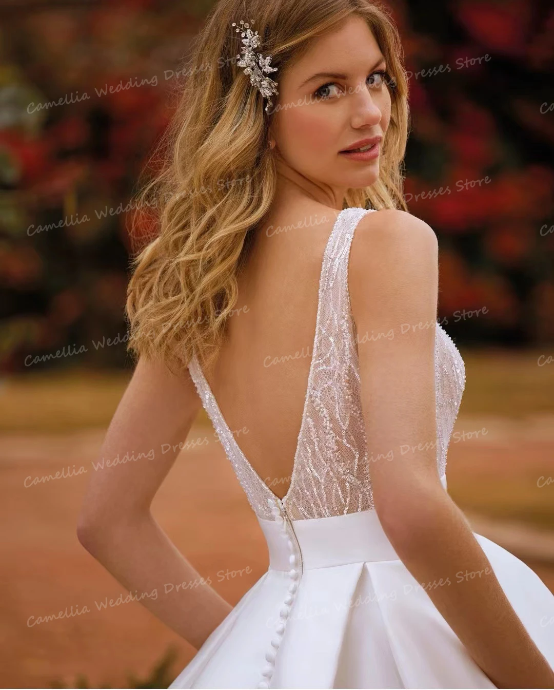 Vestidos de casamento de cetim para mulheres, simples e sexy, vestidos de noiva com gola V, sem encosto, vestido formal sem mangas