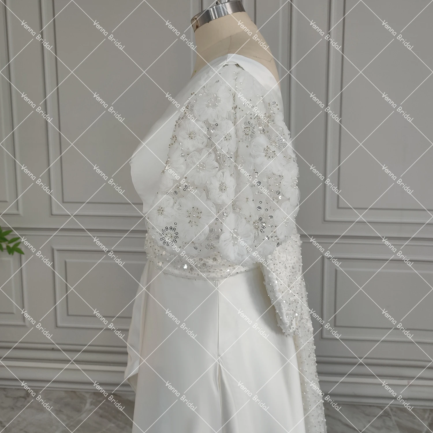 Vestido de novia de lujo con cuentas personalizado, mangas cortas acampanadas, corsé, sobrepelliz, cuello en V, foto Real, abertura larga, vestido de novia con lazo desmontable