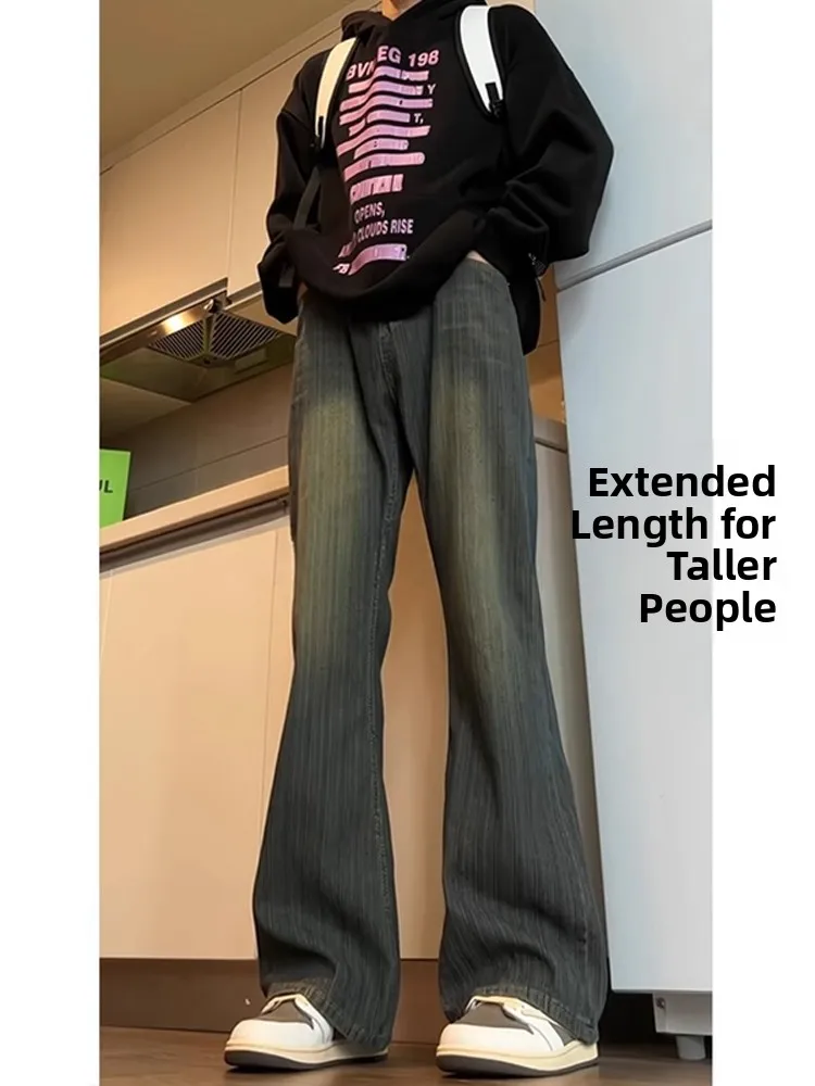 

Paris Bamboo Texture Flared Jeans Men's American Retro Blue Extended Version Tall Men's Straight Leg Jeans Trendy Brand