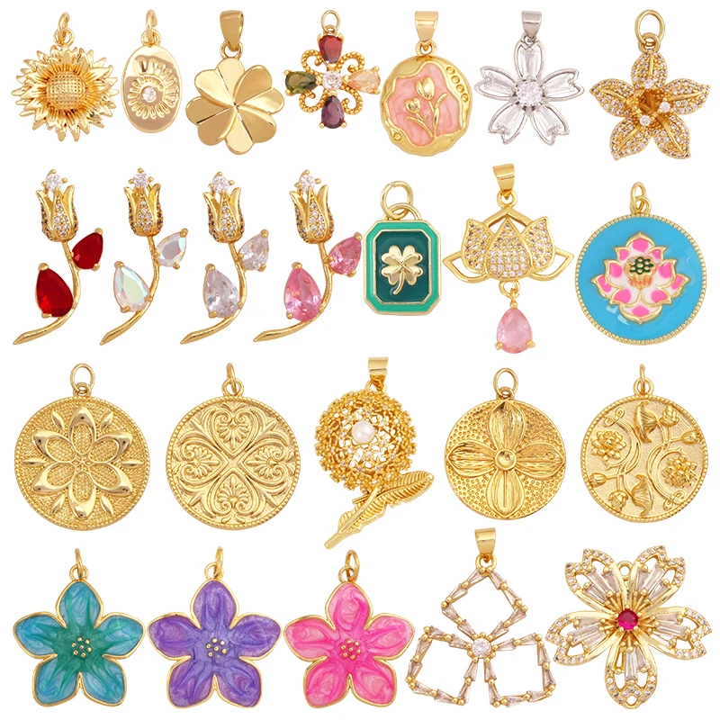 Trendy Sweet Colorful Sun Rose Flower Lotus Clover Tree Charm Pendant,Real 18k Gold Plated Zircon Jewelry Findings Supplies S44