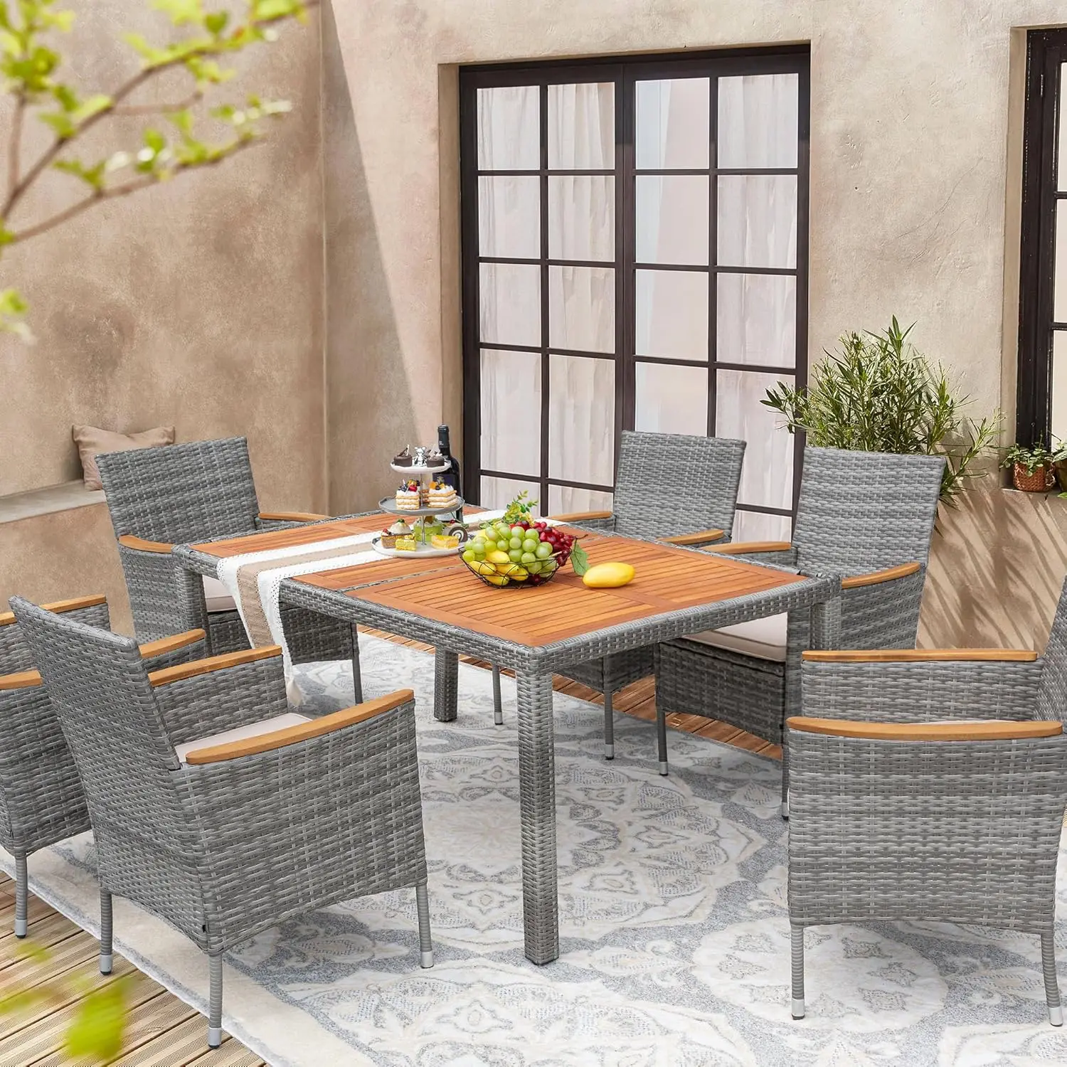 Juego de conversación de Patio con parte superior de madera de Acacia, mesa de comedor de ratán para exteriores y sillas para Patio trasero, jardín, cubierta