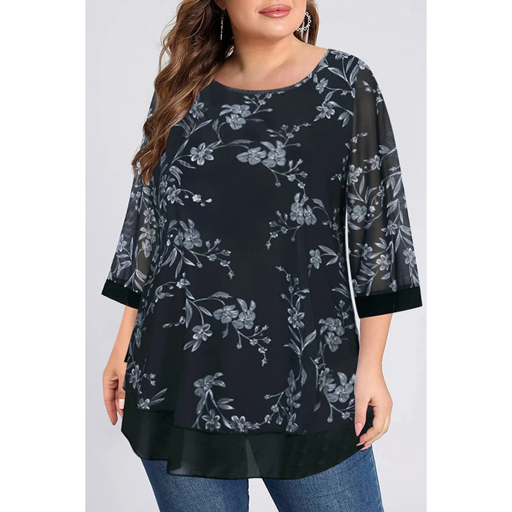 Plus Size Casual Black Mesh Floral Print Double Layer 3/4 Sleeve Blouse Round Tops