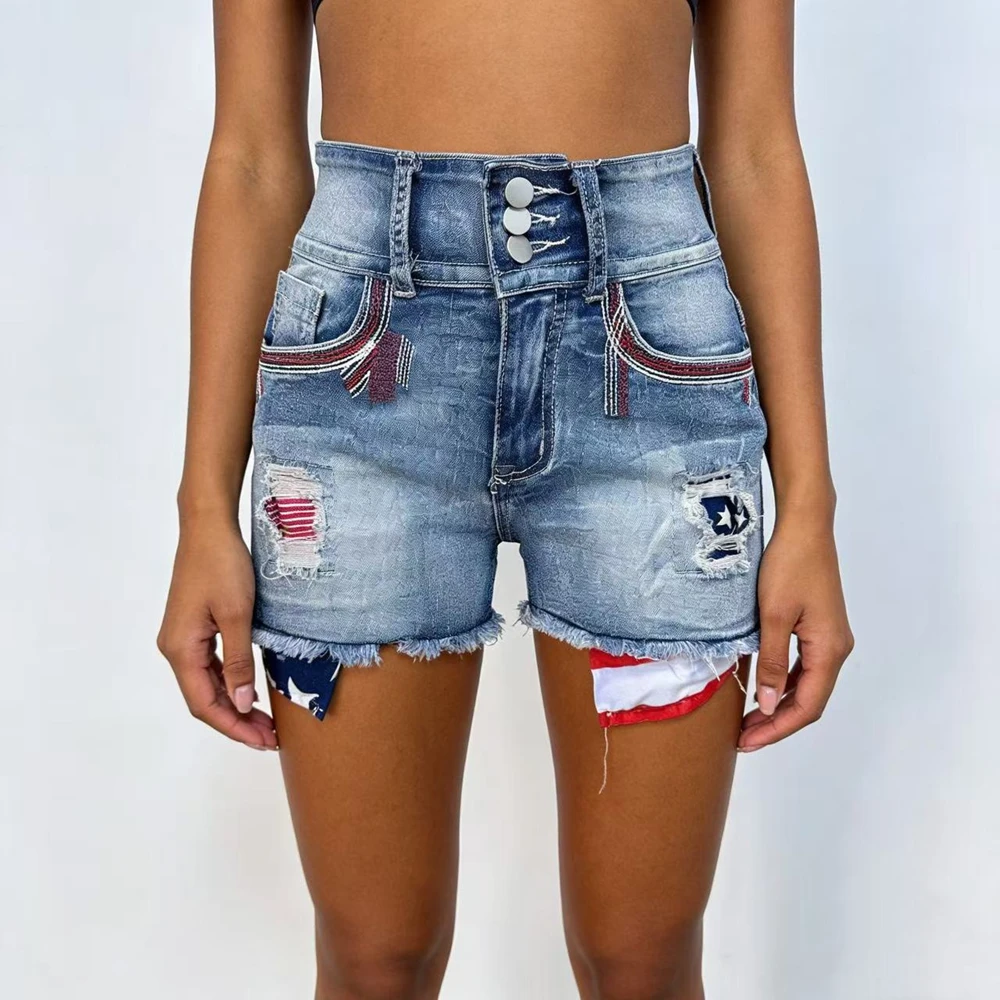

Womens USA National Flag Jeans Denim Shorts High Quality High Waist Thick Ameirican Flags Short Pants Streetwears 3PCS Bottons