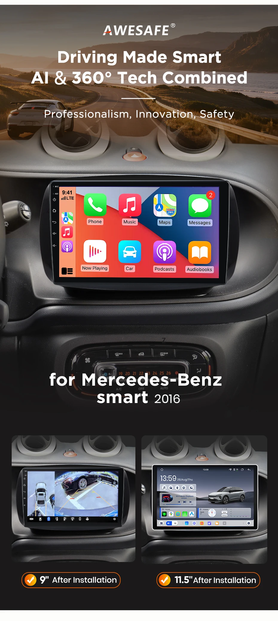 AWESAFE Wireless CarPlay Android Auto Radio für Mercedes Benz Smart 453 Fortwo 2014-2020 Auto Intelligente Systeme RDS GPS FM BT – Detail 3