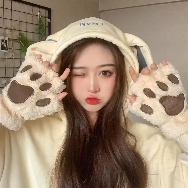 Kawaii Women Cat Gloves Fashion Girl Cute Cat Claw Plush Mittens Warm Soft Plush Short Fingerless Half Finger Winter Gloves