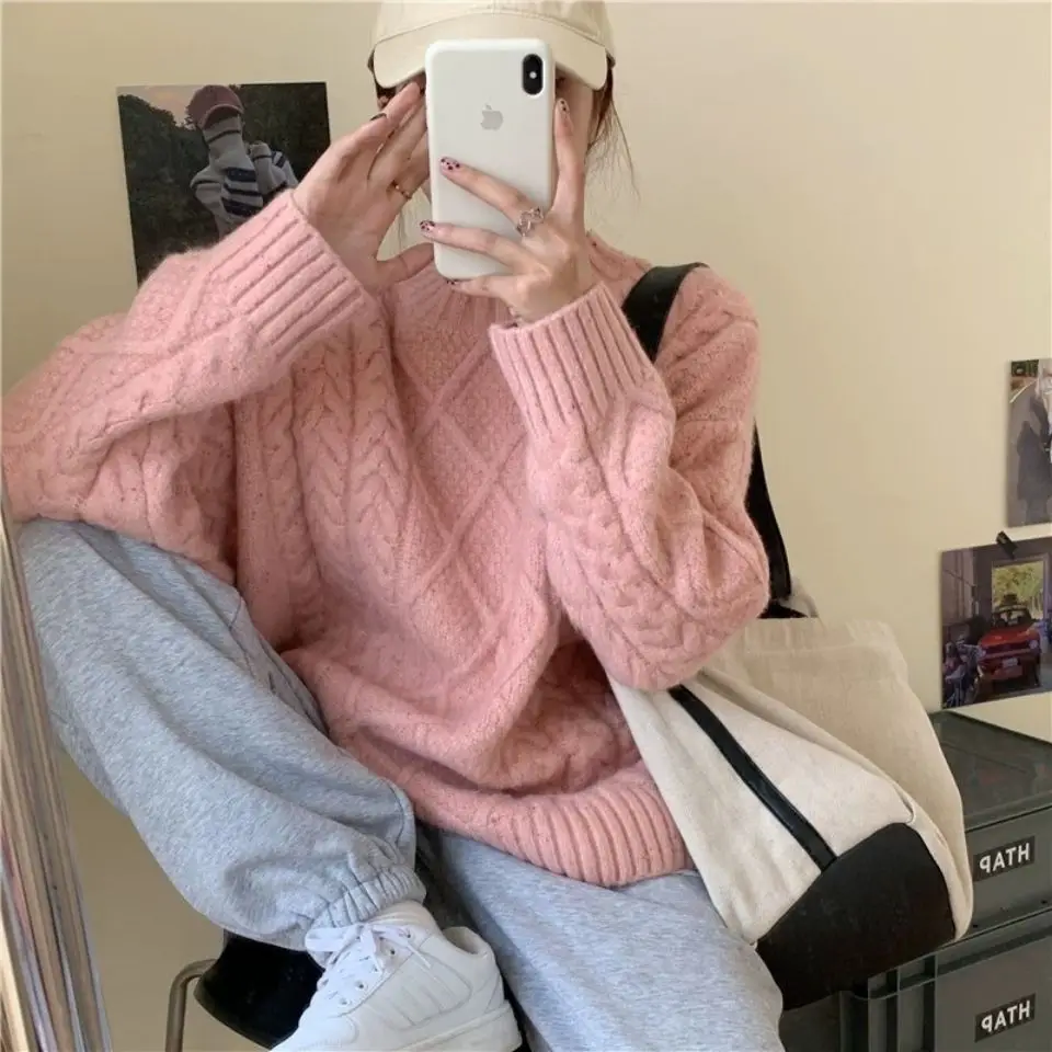 Japanese Lazy Style 2024 Sweater Women's Autumn and Winter Loose Wear Retro Sweet Thick Pullover Fried Dough Twists Sweater