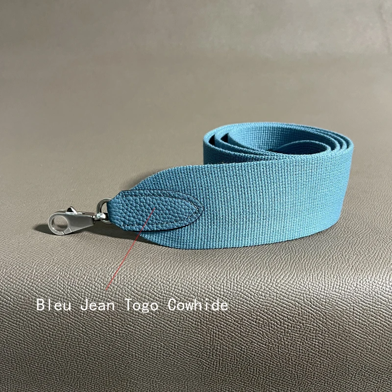 Bleu Jean Togo Cowhide 5cm Wide Canvas belt Steel Buckle Genuine Leather Hand Sewn Suitable For Kelly Bags, Shoulder Straps