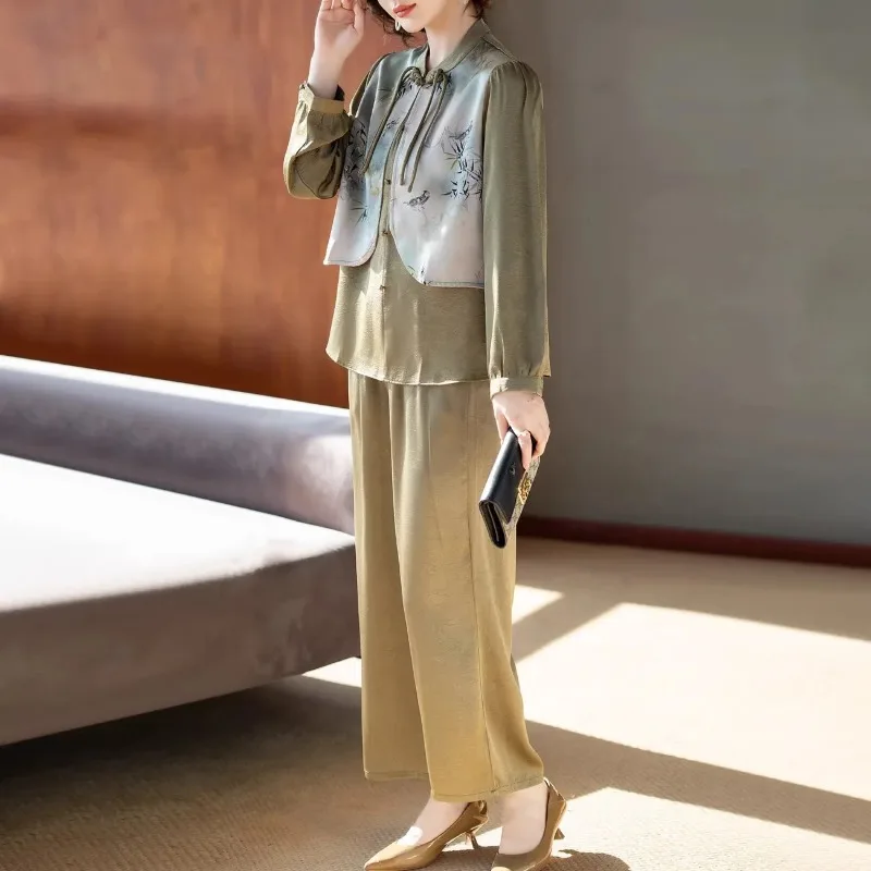 Middle Aged Women Chinese Style Printed Vest Blouse Wide Leg Pants Two Piece Set Spring Autumn Elegant Outfit