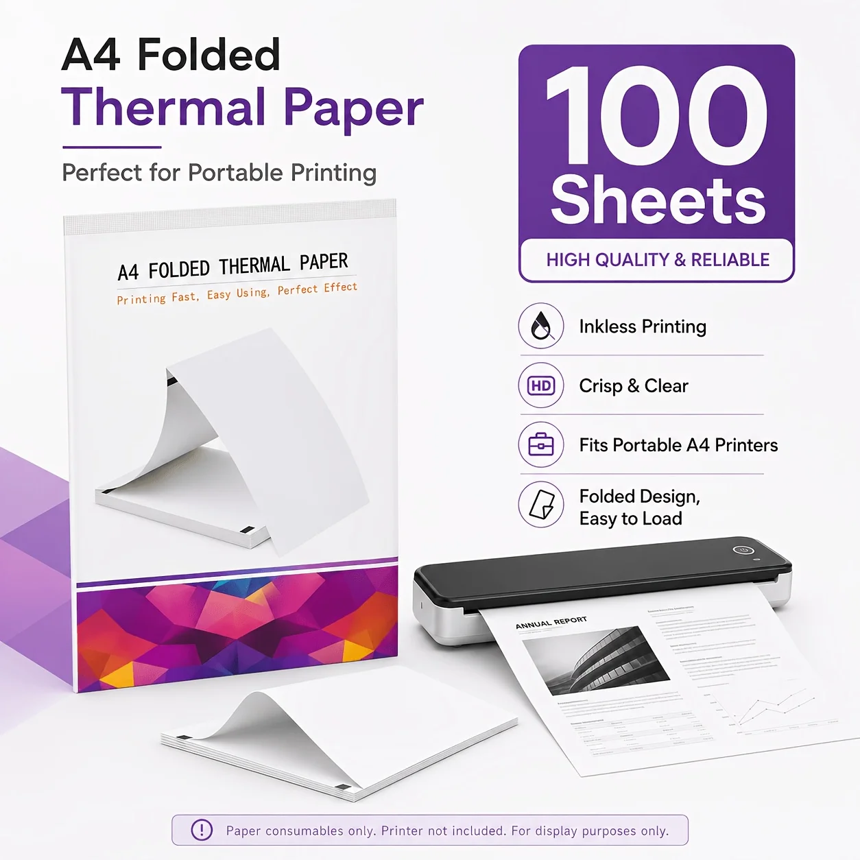 A4 Fanfold Thermal Paper Sheet Inkless Smooth Printing Compatible for Portable Thermal Printer Office Contract Tag