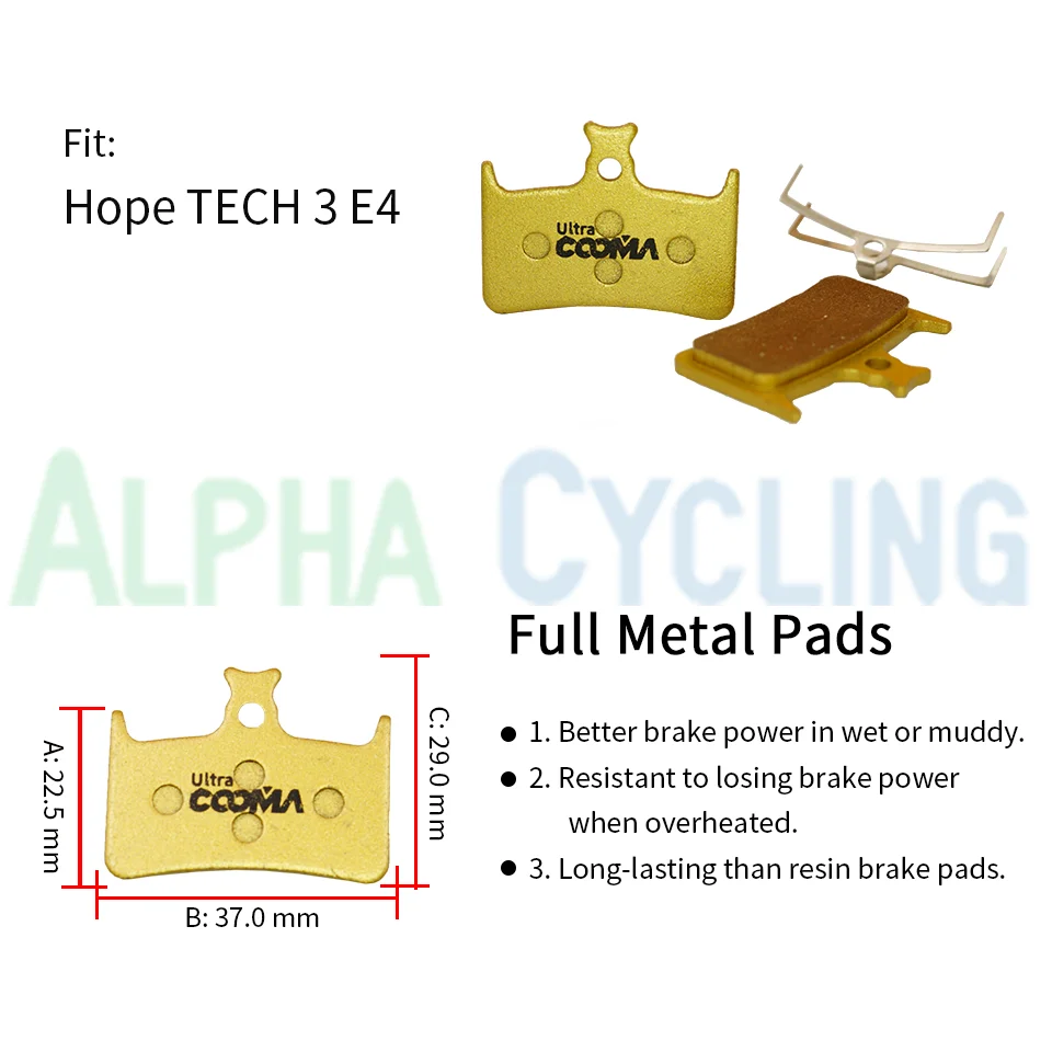 Bicycle Brake Pads for Hope Tech3 Evo E4 Hydraulic Caliper, 4 Pairs, Gold Full Metal