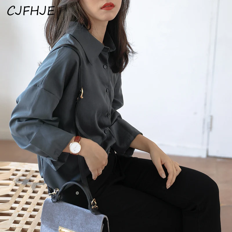 CJFHJE Retro Gray Spring New Long Sleeve Notch Collar All-match Blouse Coat Women's Loose Casual Fashion Solid Shirts Ladies