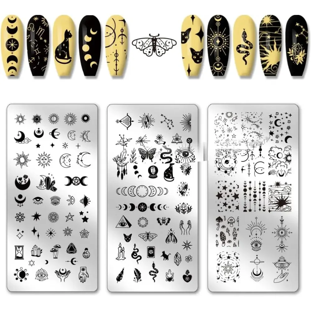 Plaque d'estampage pour ongles lune et soleil, 3 pièces, modèles de Divination pour Nail Art, pochoirs d'art mystérieux, plaque d'image en acier inoxydable