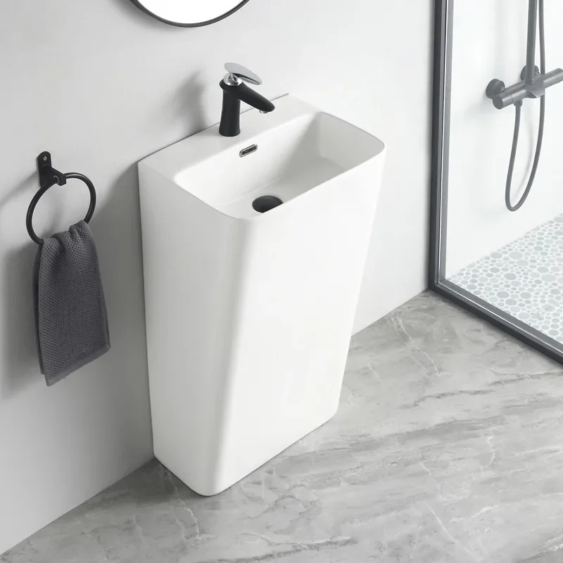 Image 4: Lavabo sur pied moderne en céramique cylindrique avec support rectangulaire pour salle de bain