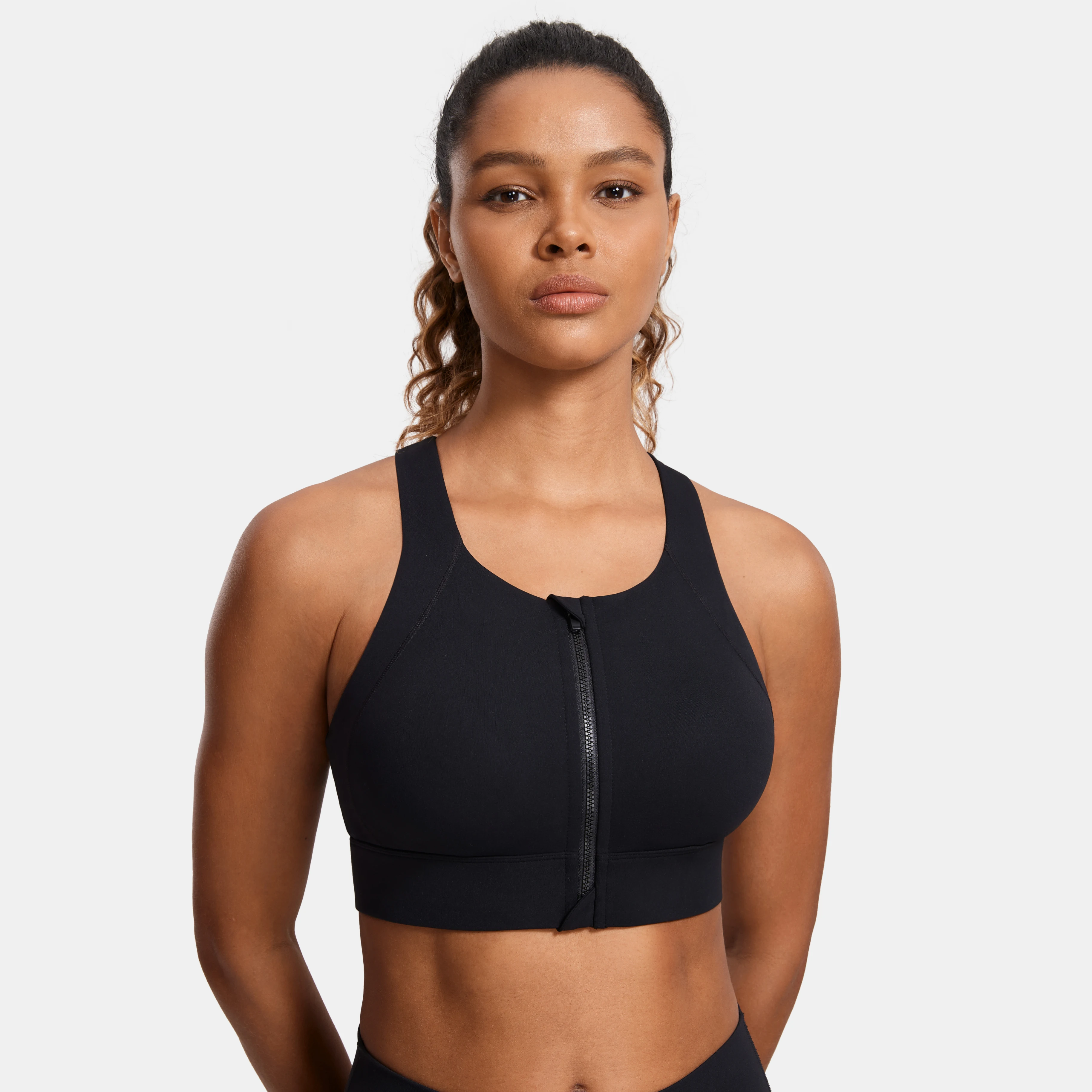 Front Zipper Sports Bras for Women High Support Double Mesh Racerback Padded Wireless Bra