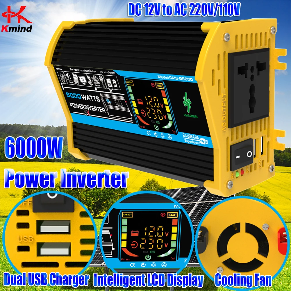 

Автомобильный инвертор 3000/4000/6000 Вт, от 12 В до 110/220 В, автомобильный умный инвертор 50 Гц, 60 Гц, преобразователь пикового напряжения, автомобильный источник питания с двумя USB-портами