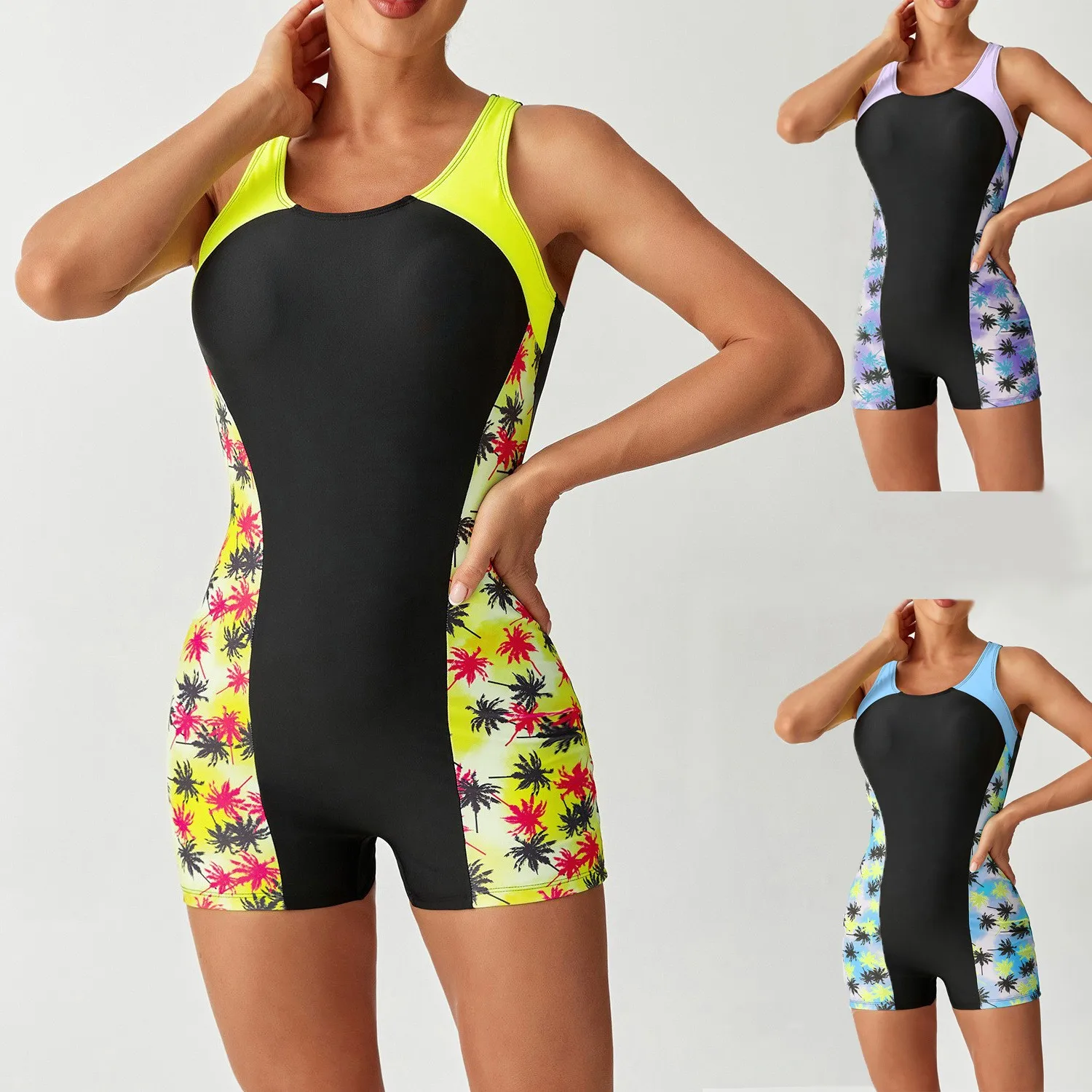 2026 Woman Swimsuit Palm Print Swimwear Black Base Neon Yellow Trim Swimsuit Tropical Print Beachwear 2026